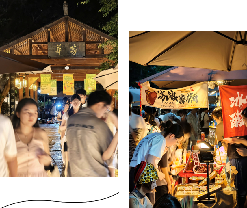 夜间市集的灯光、摊位和逛市集的人群,两张照片拼图
