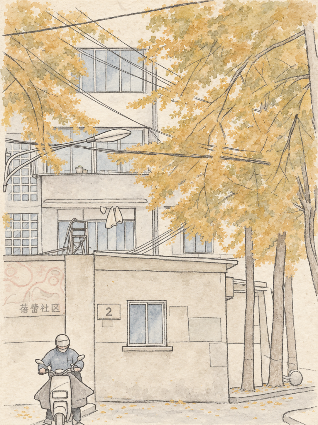 书稿插画：蓓蕾社区院落外的树木、楼房和骑车人