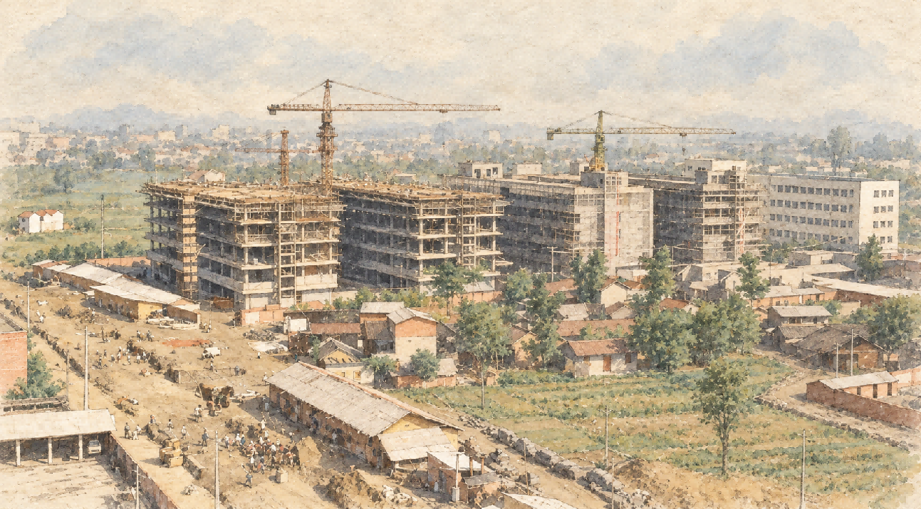 书稿插画：旧房屋旁拔地而起的楼房与建筑塔吊